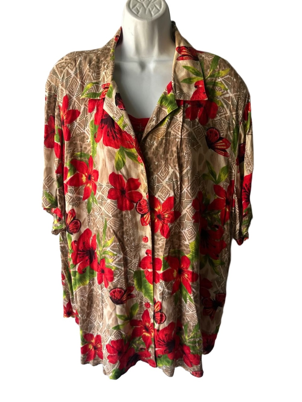 C.M Shapes 3X Tropical Hawaiian Shirt Red Floral Butterfly Print Faux Layer